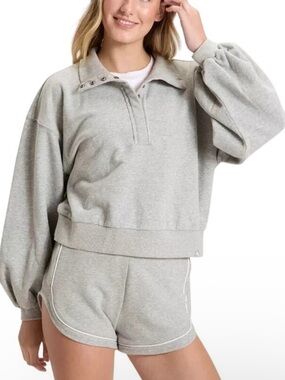JoyLab Light Grey Quarter-Button Long Sleeve Cropped Sweatshirt